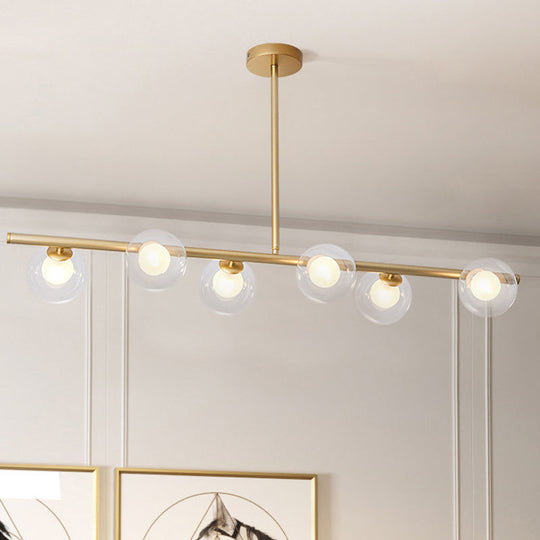 Linear Island Light Fixture Nordic Metal 6 Heads Gold Hanging Lamp with Globe Clear Glass Shade