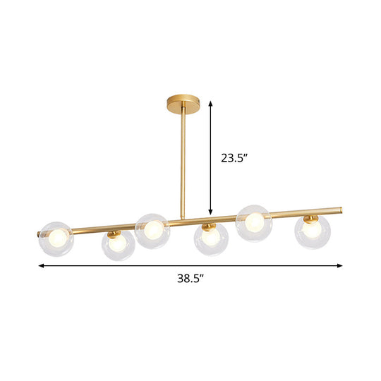 Linear Island Light Fixture Nordic Metal 6 Heads Gold Hanging Lamp with Globe Clear Glass Shade