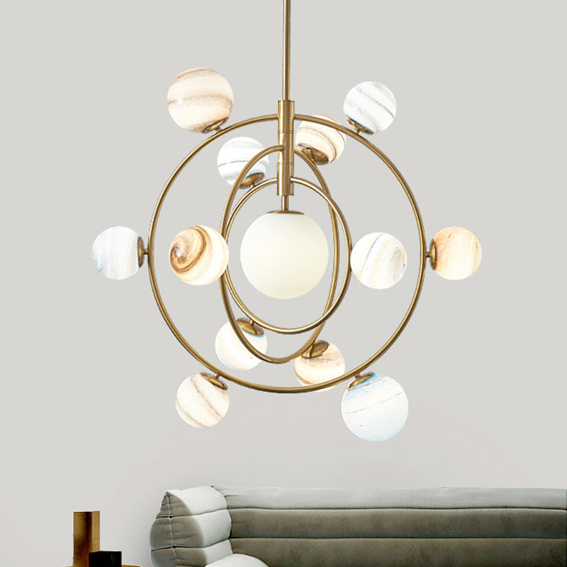 Modern Gold Orbit Chandelier Light Fixture - 13 Lights Metal Hanging Lamp with Glass Shade Kit