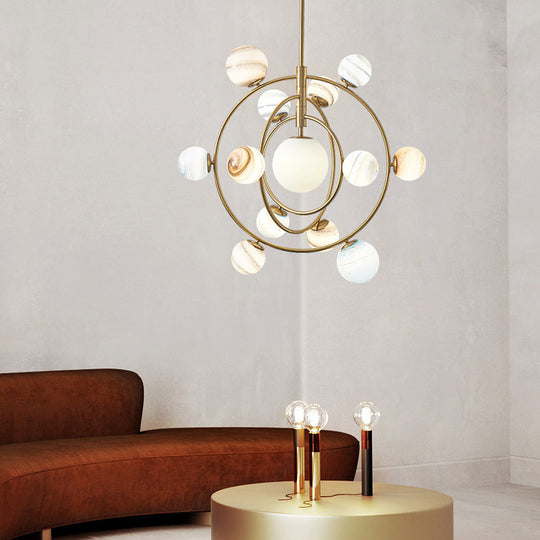 Modern Gold Orbit Chandelier - 13-Light Metal Hanging Lamp With Ball Glass Shade