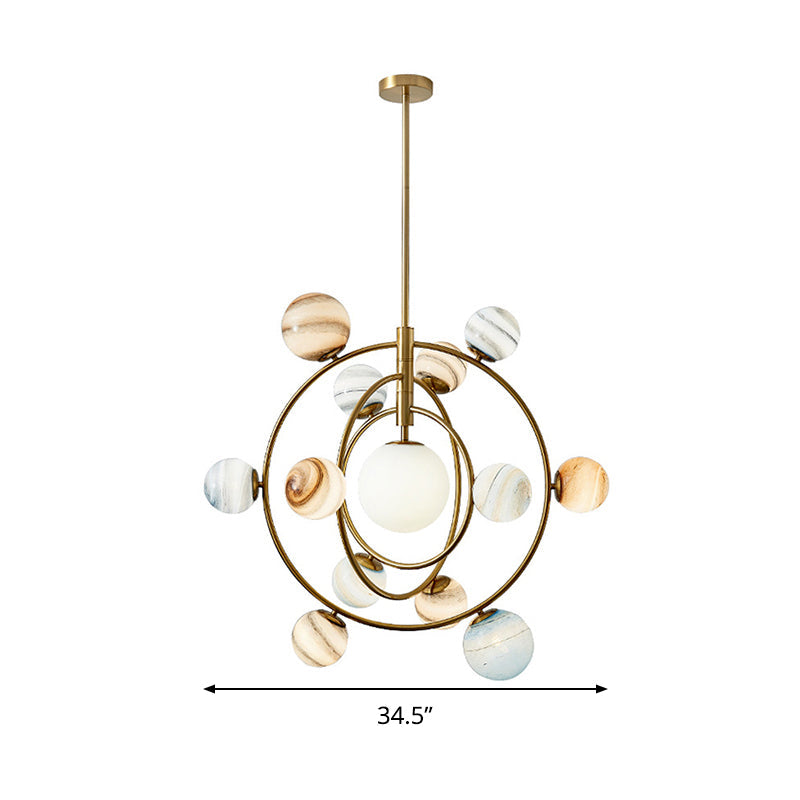 Modern Gold Orbit Chandelier Light Fixture - 13 Lights Metal Hanging Lamp with Glass Shade Kit