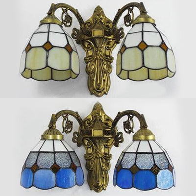 Beige/Blue Stained Glass Sconce Lamp: Vintage Retro Wall Lighting In Aged Brass - 2 Heads