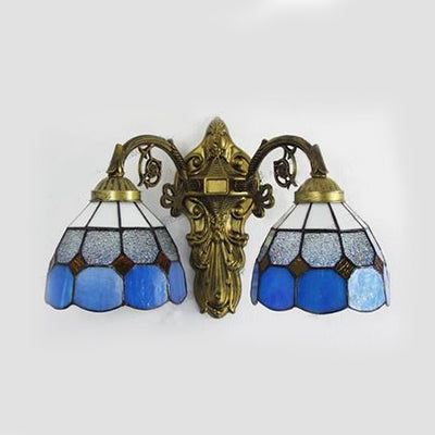 Beige/Blue Stained Glass Sconce Lamp: Vintage Retro Wall Lighting In Aged Brass - 2 Heads Blue