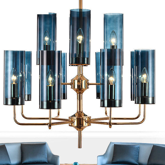 Postmodern Cylinder Hanging Lamp Kit - Blue/Cognac Glass 12 Head Dining Room Chandelier Light Blue