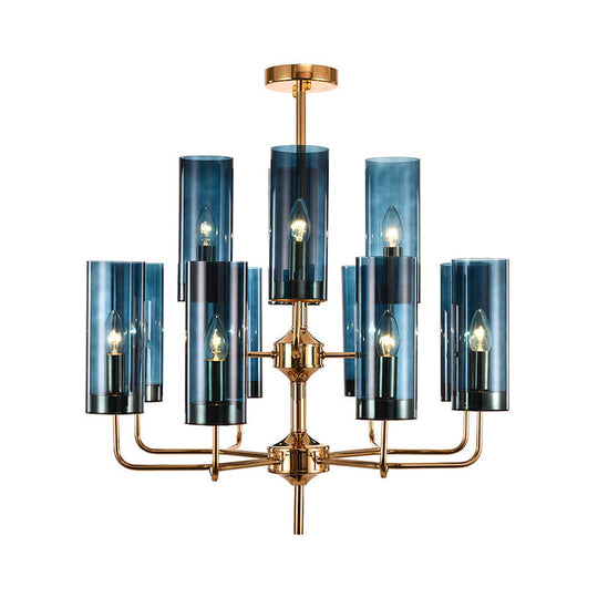 Postmodern Cylinder Hanging Lamp Kit - Blue/Cognac Glass 12 Head Dining Room Chandelier Light