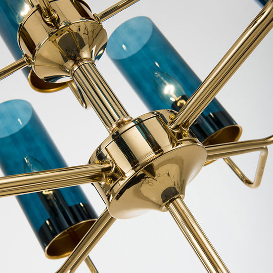 Postmodern Cylinder Hanging Lamp Kit - Blue/Cognac Glass 12 Head Dining Room Chandelier Light
