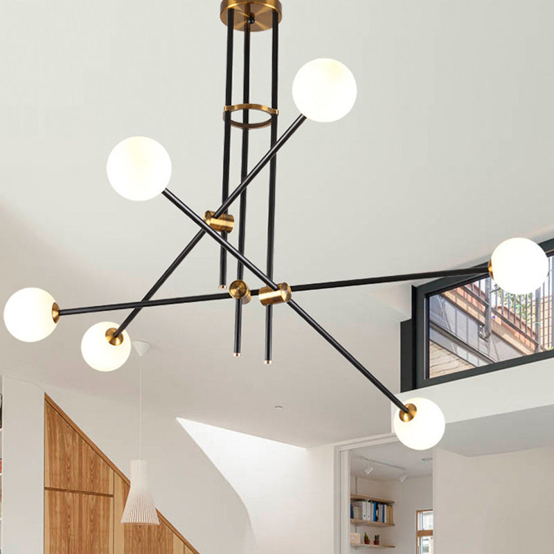 Minimalist Metal Hanging Lamp with 6-Head Black Chandelier in Opal Glass Shade