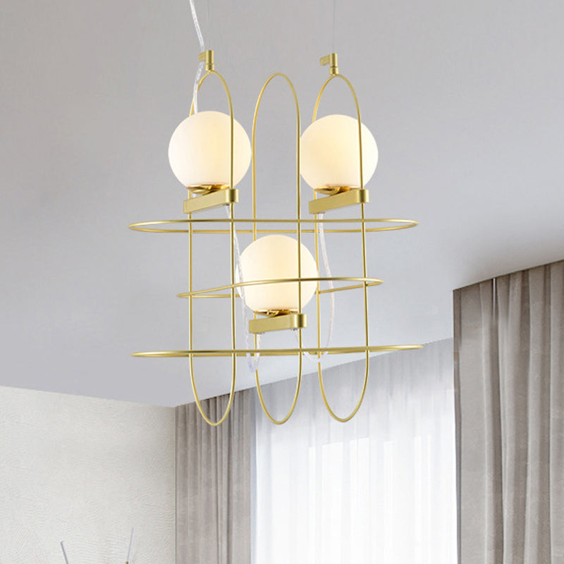 Modern Gold 3-Head Chandelier Light with Oval Metal Frame and Opal Glass Shade