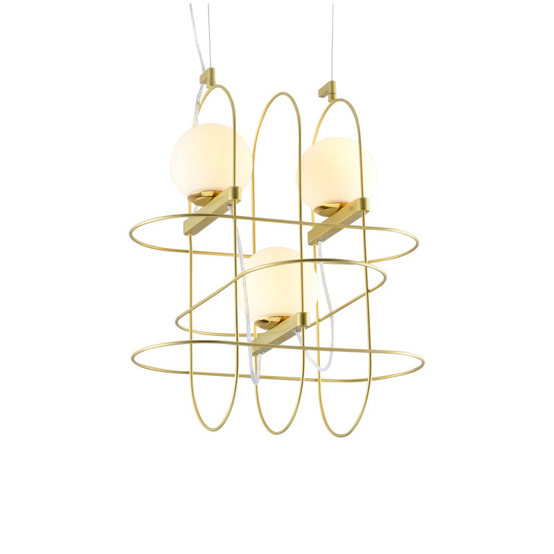 Modern Gold Oval Frame Hanging Ceiling Light - 3-Head Metal Chandelier With Opal Glass Shade