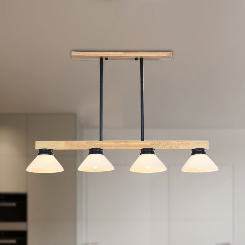 Nordic Linear Wood Hanging Light With 4 Heads And Opal Glass Shade In Gold/Black Finish Black