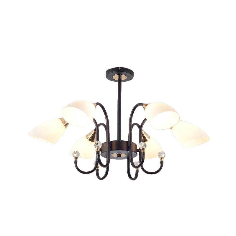 Rustic Black Iron Chandelier with Frosted Glass Shades - Hanging Ceiling Light with Curve Arm - 6/8/10 Heads