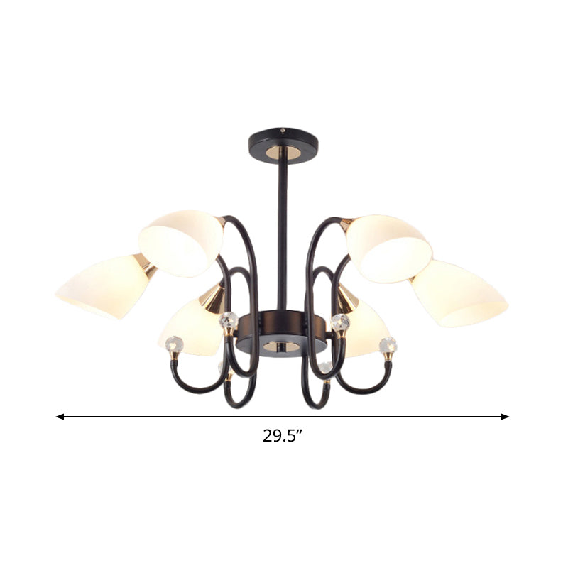 Rustic Black Iron Chandelier with Frosted Glass Shades - Hanging Ceiling Light with Curve Arm - 6/8/10 Heads