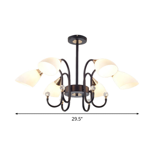 Rustic Black Iron Chandelier with Frosted Glass Shades - Hanging Ceiling Light with Curve Arm - 6/8/10 Heads