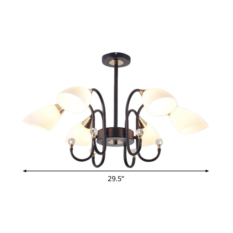 Rustic Black Iron Chandelier Light With Frosted Cone Glass Shades - 6/8/10 Heads Curved Arm Design