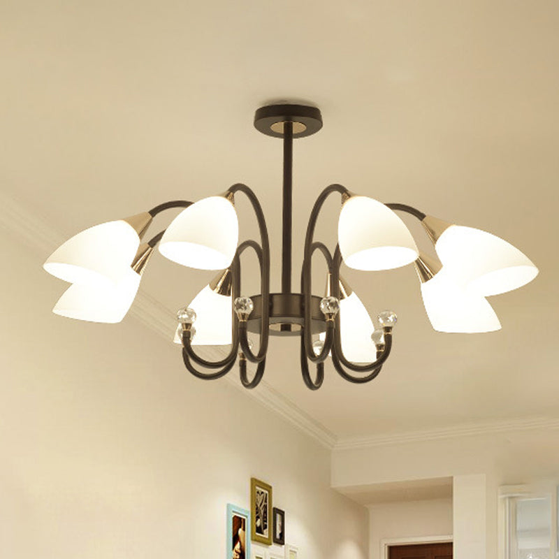 Rustic Black Iron Chandelier with Frosted Glass Shades - Hanging Ceiling Light with Curve Arm - 6/8/10 Heads
