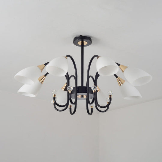 Rustic Black Iron Chandelier with Frosted Glass Shades - Hanging Ceiling Light with Curve Arm - 6/8/10 Heads