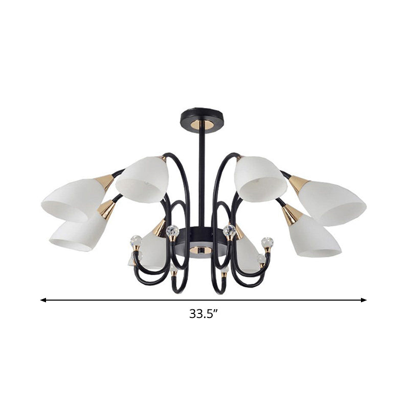 Rustic Black Iron Chandelier Light With Frosted Cone Glass Shades - 6/8/10 Heads Curved Arm Design