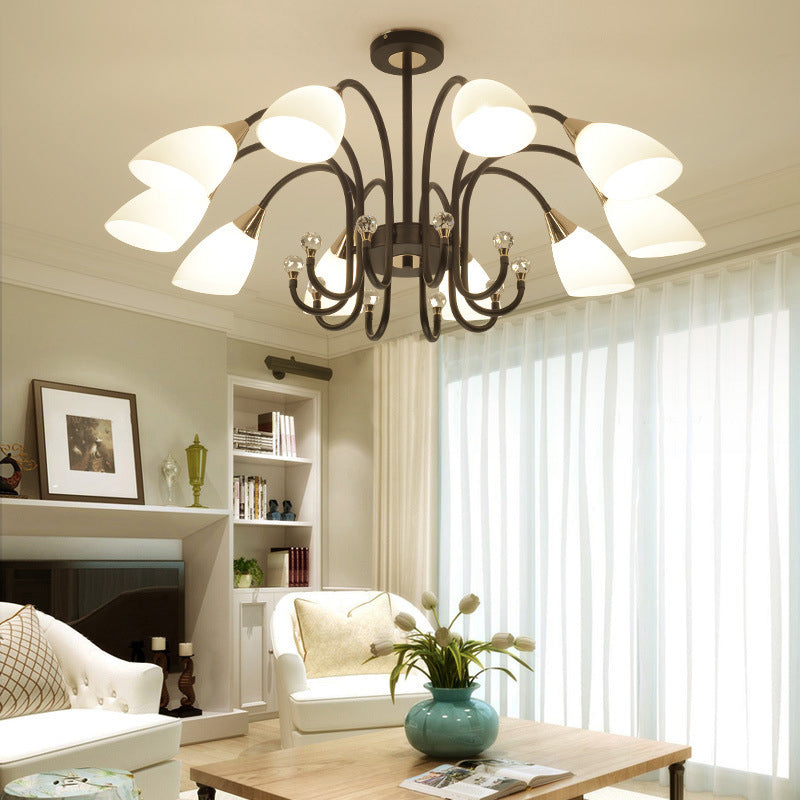 Rustic Black Iron Chandelier with Frosted Glass Shades - Hanging Ceiling Light with Curve Arm - 6/8/10 Heads