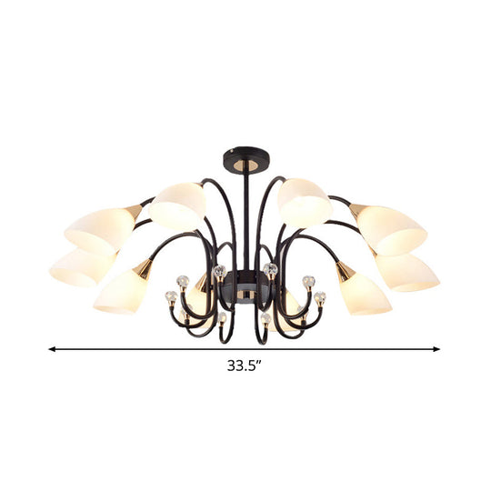 Rustic Black Iron Chandelier with Frosted Glass Shades - Hanging Ceiling Light with Curve Arm - 6/8/10 Heads