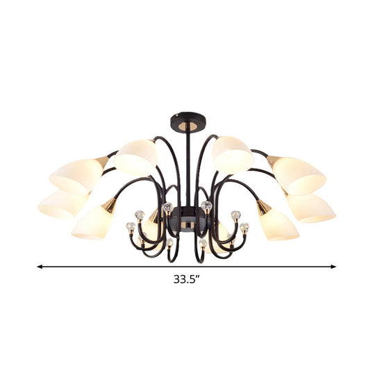 Rustic Black Iron Chandelier Light With Frosted Cone Glass Shades - 6/8/10 Heads Curved Arm Design