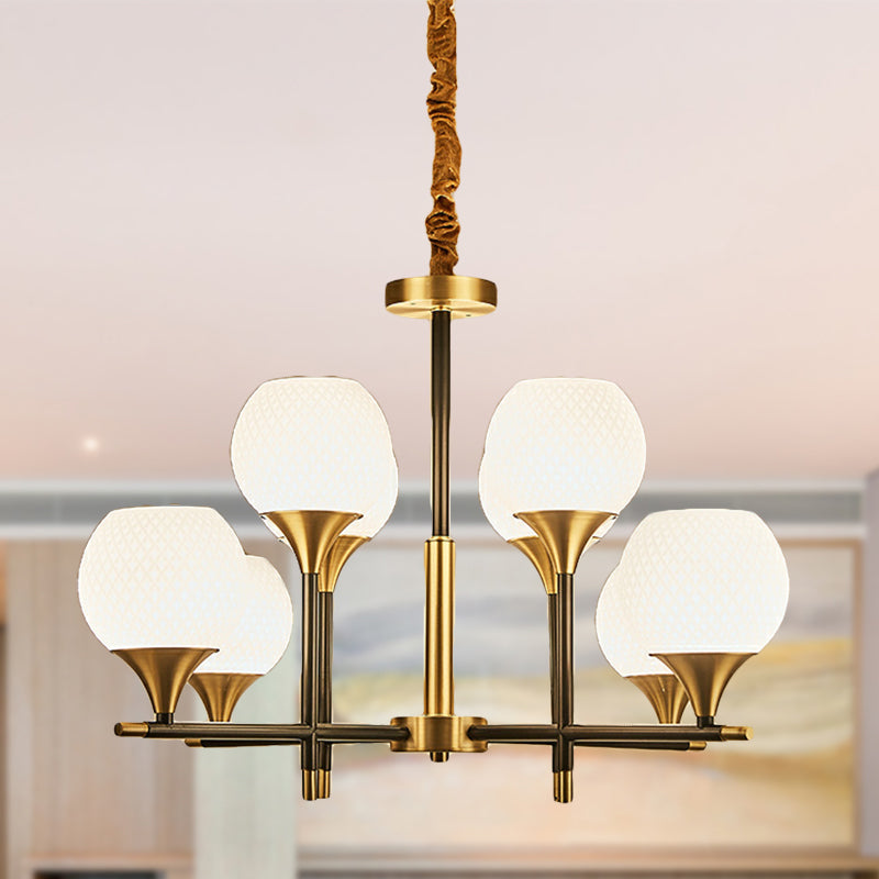 White Glass Global Chandelier with 8 Bulbs: Contemporary Bedroom Lamp with Vertical Design