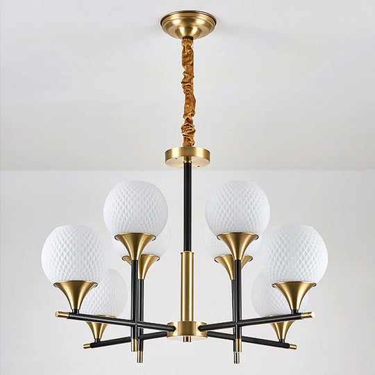 Modern Brass Chandelier With White Glass And 8 Bulbs For Bedroom Lighting