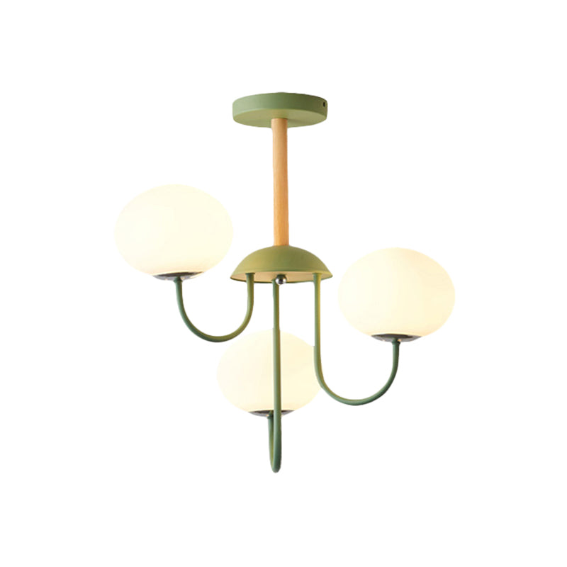 Nordic Style Gray/Green Chandelier Light Fixture with Dome White Glass Shade - 3/5 Lights Living Room Hanging Lamp