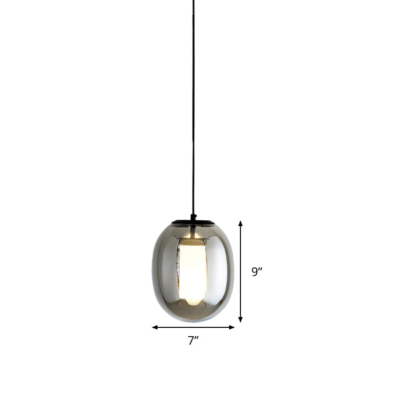 Black Glass Oval Bedroom Hanging Lamp Kit - 1 Head, 7"/8.5" Wide - Simple Style Pendant Light