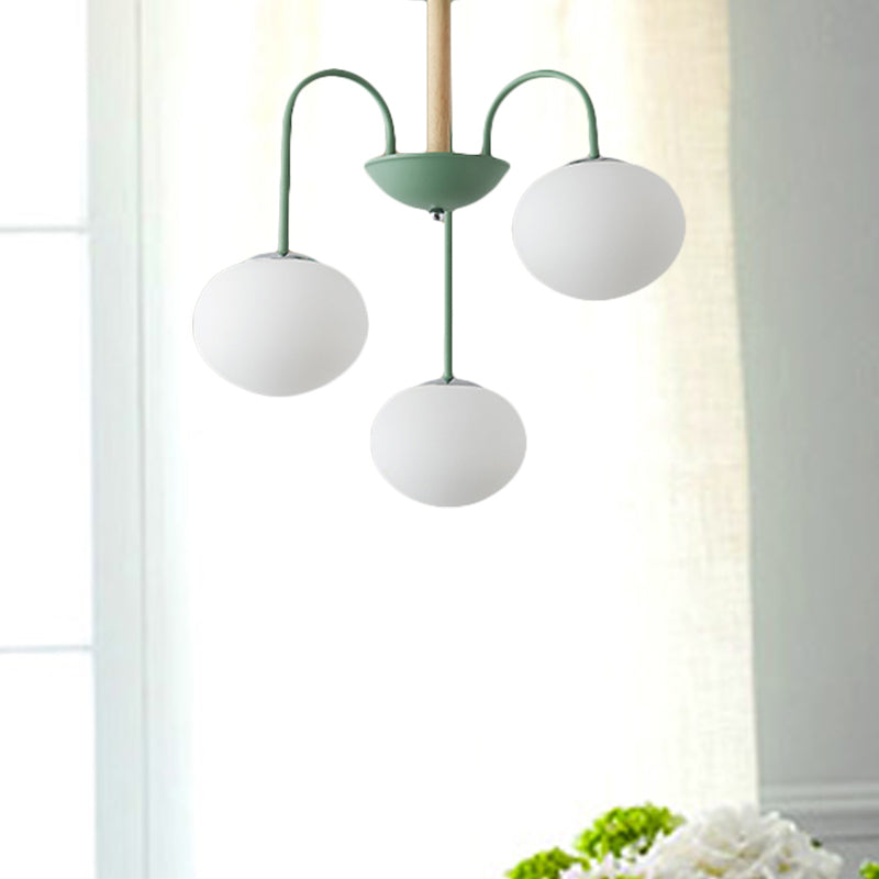 Contemporary Dome White Glass Chandelier - 3/5 Lights - Gray/Green Suspension Light