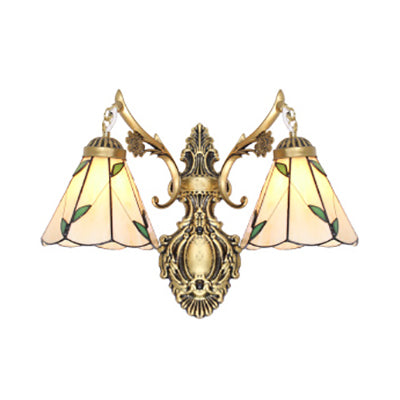 Vintage Stained Glass 2-Head Wall Mount Light In White/Antique Brass For Bedroom Décor Antique