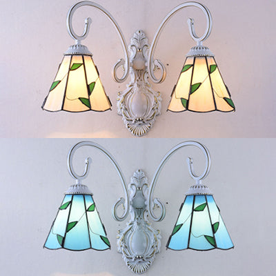 Scalloped Wall Sconce Light With Leaf Pattern - 2 Lights Stained Glass Loft Lighting Blue/Beige