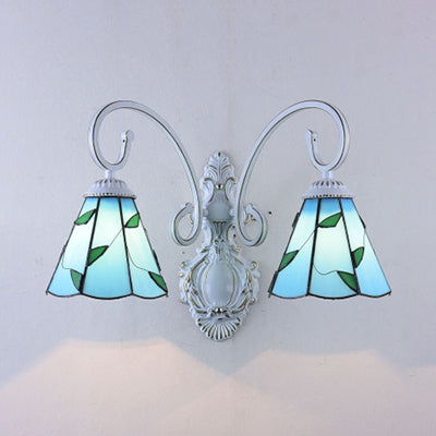 Scalloped Wall Sconce Light With Leaf Pattern - 2 Lights Stained Glass Loft Lighting Blue/Beige Blue