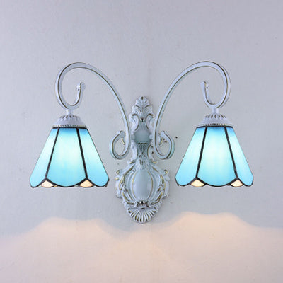 Vintage Retro Cone Wall Light Fixture With Stained Glass - White/Blue Bedroom Lighting Blue