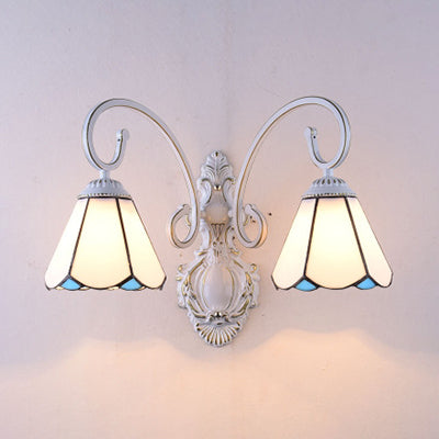 Vintage Retro Cone Wall Light Fixture With Stained Glass - White/Blue Bedroom Lighting White