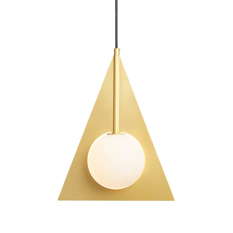 Modern Metal Triangle Ceiling Pendant Light with Globe White Glass Shade - Gold Hanging Lamp Kit