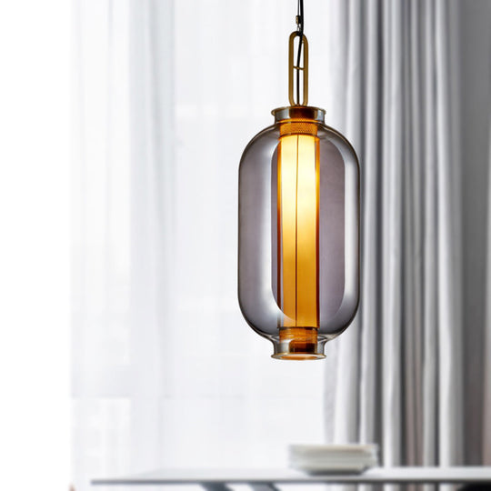 Modernist Smoke Glass Cylindrical Suspension Light - Stylish 1 Bulb Hanging Lamp For Living Room
