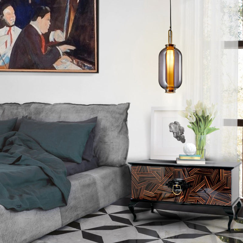 Modernist Smoke Glass Cylindrical Suspension Light - 1 Bulb Hanging Lamp for Living Room
