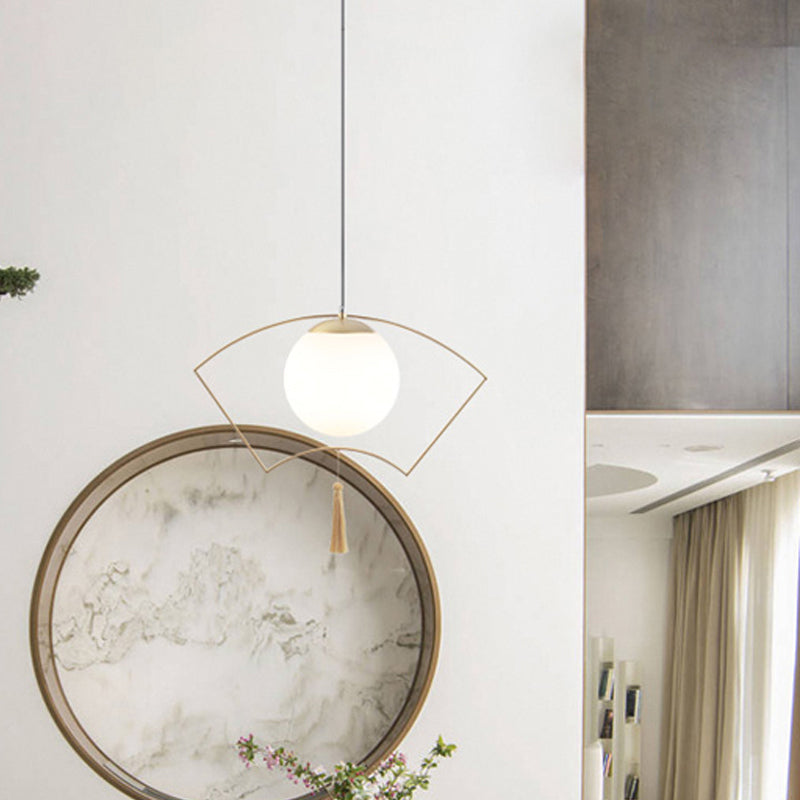 Modernist Milk Glass Globe Pendant Light with Gold Metal Frame - Bedroom Ceiling Hanging Fixture