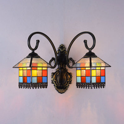 Lodge Style 2-Head Sconce Lamp: Stained Glass Wall Light In White/Antique Bronze Ideal For Dining