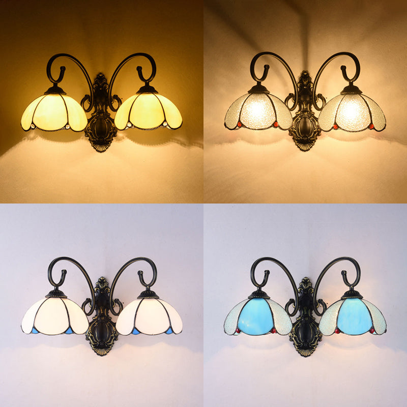 Lodge Style Floral Wall Lamp - Stained Glass & Metal 2-Head Bedroom Light (White/Clear/Blue/Beige)