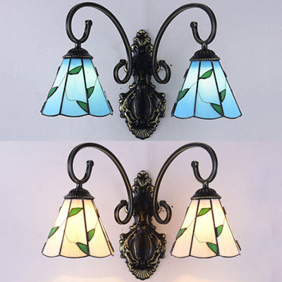 Country Style Stained Glass Leaf Wall Lamp With 2 Blue/Beige Lights For Dining Room