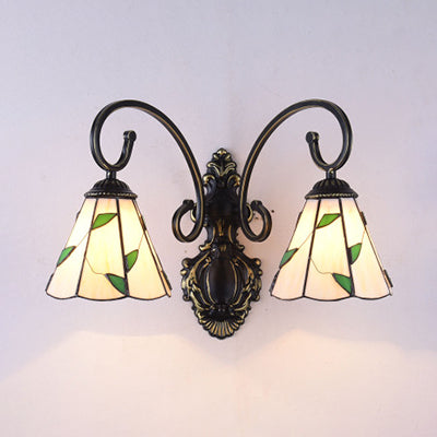 Country Style Stained Glass Leaf Wall Lamp With 2 Blue/Beige Lights For Dining Room Beige