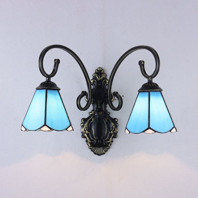 Tiffany Style Wall Mount Light: Stained Glass Cone Fixture With 2 Lights In White/Blue For Corridor