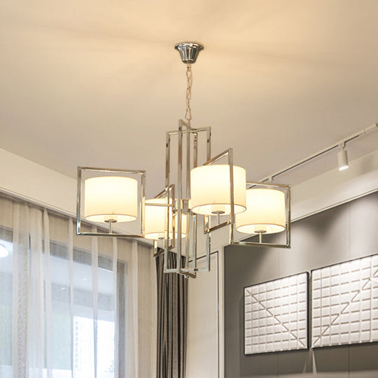 Modern Chrome Bedroom Chandelier With Cylinder Fabric Shade - 4 Lights Ceiling Hanging Light