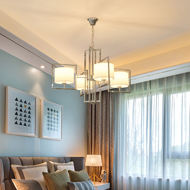 Modern Chrome Cylinder Fabric Shade Chandelier - 4-Light Bedroom Ceiling Light