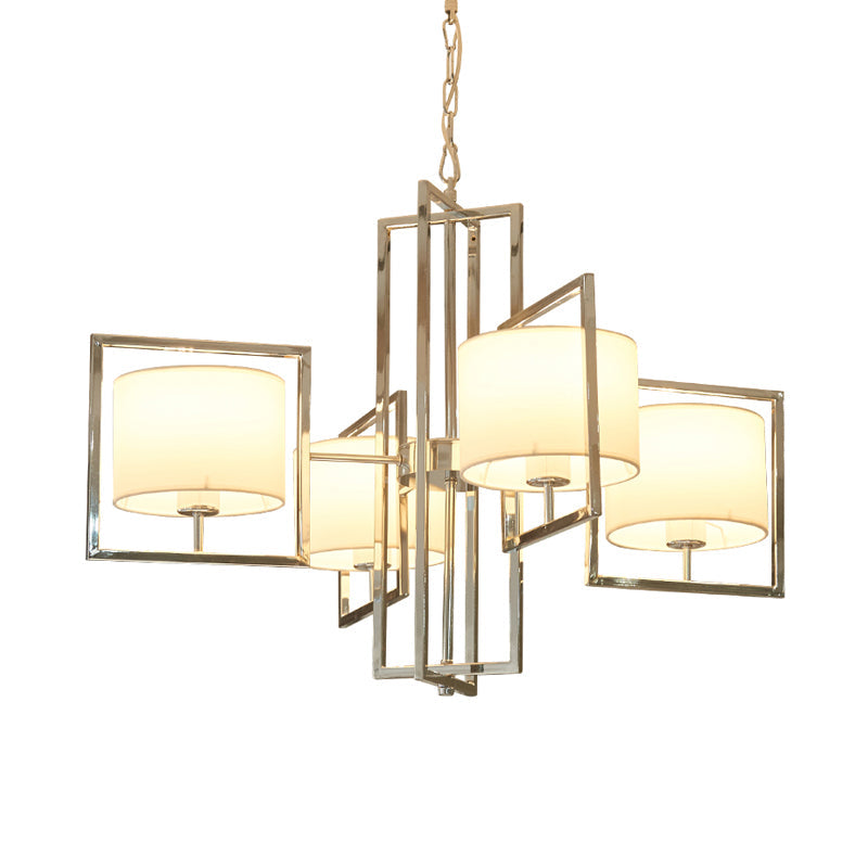 Modern Chrome Bedroom Chandelier With Cylinder Fabric Shade - 4 Lights Ceiling Hanging Light