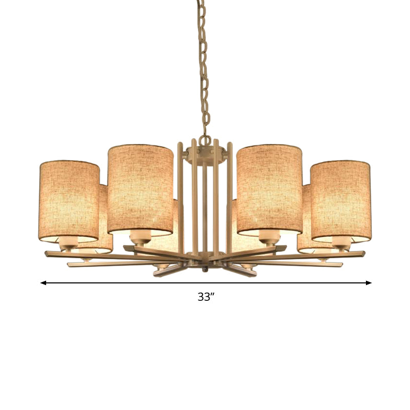 Modern Metal Sputnik Chandelier with White Finish and Cylinder Fabric Shade - 6/8 Heads Hanging Ceiling Lamp