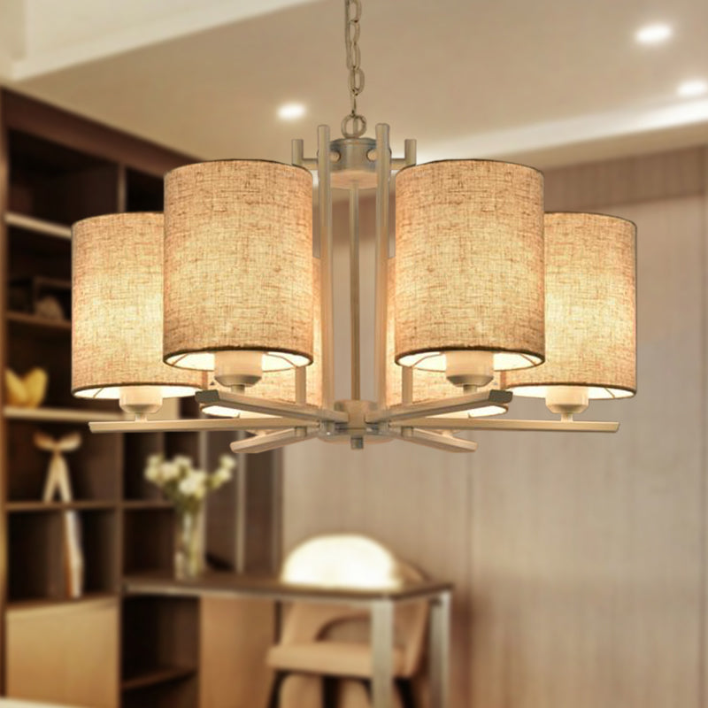 White Metal Sputnik Chandelier With Cylinder Fabric Shade - Modern Lighting For Ceiling (6/8 Heads)