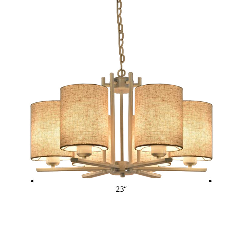 Modern Metal Sputnik Chandelier with White Finish and Cylinder Fabric Shade - 6/8 Heads Hanging Ceiling Lamp