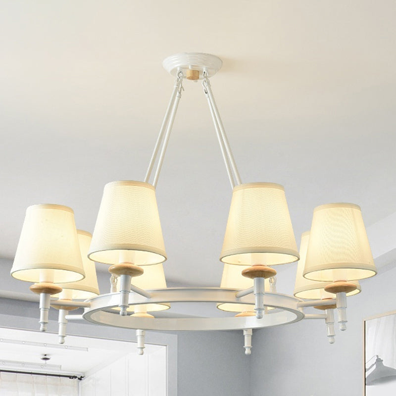 Contemporary Barrel Pendant Light with 8 Fabric Heads - White